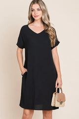 BOMBOM V-Neck Short Sleeve Dress with Pockets OutfitFlow