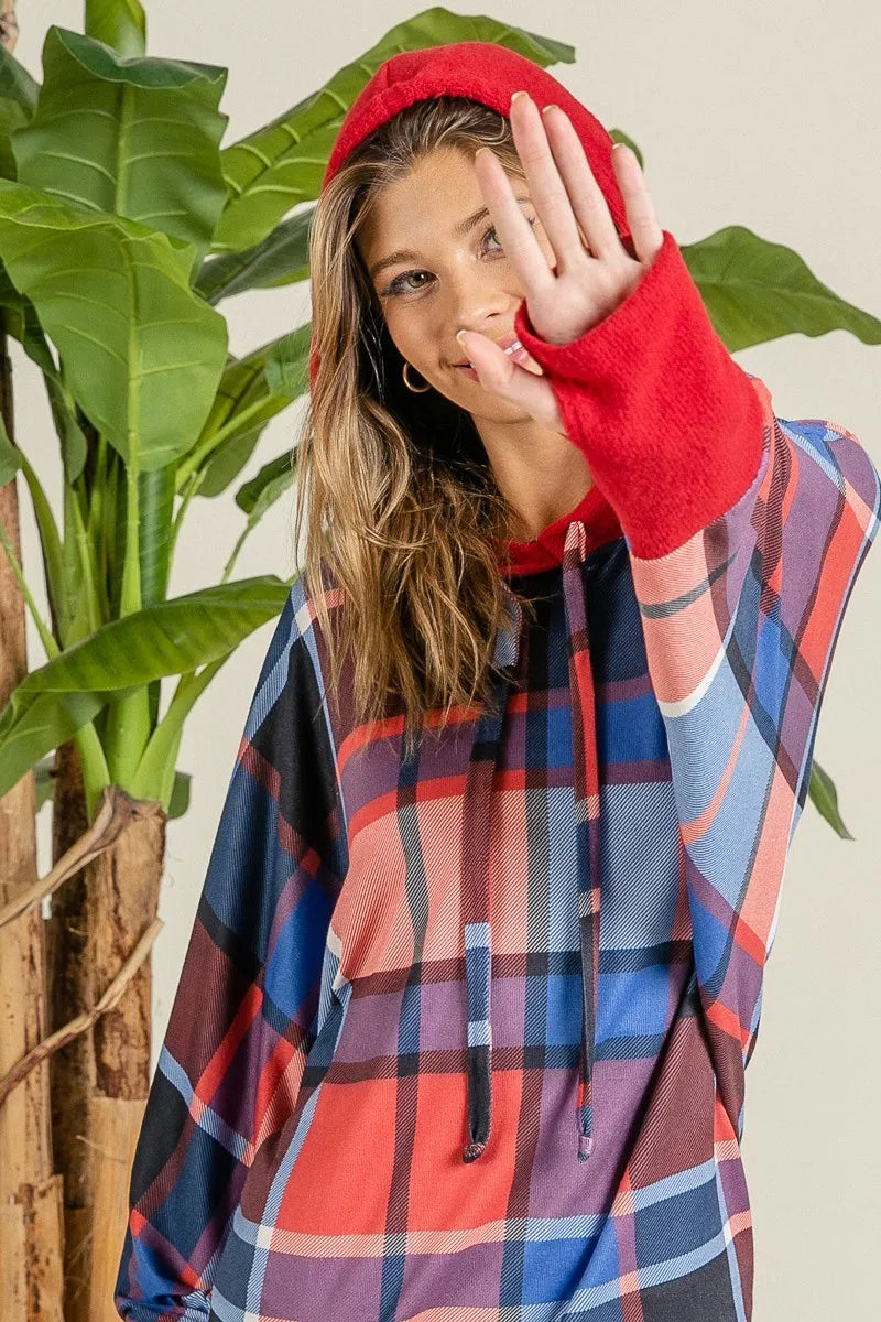 BiBi Plaid Mirr Brushed Rib Contrast Thumb Open Hoodie OutfitFlow
