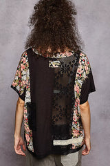 POL Lace Round Neck Short Sleeve Floral Pattern Top with Patch Detail Trendsi