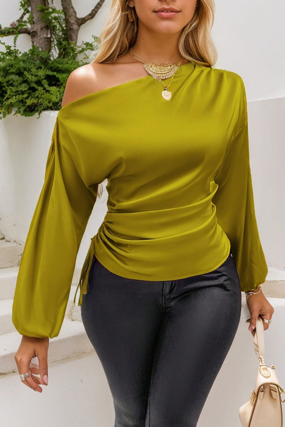 Drawstring One Shoulder Long Sleeve Blouse Olive OutfitFlow