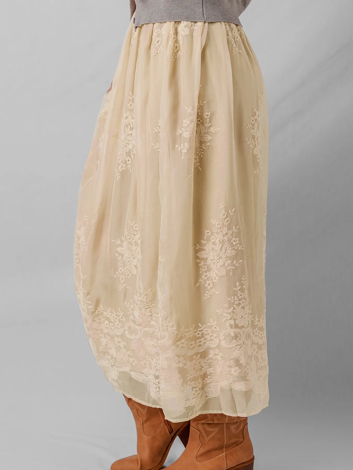 Embroidered Mesh Overlay Flowy Midi Skirt OutfitFlow