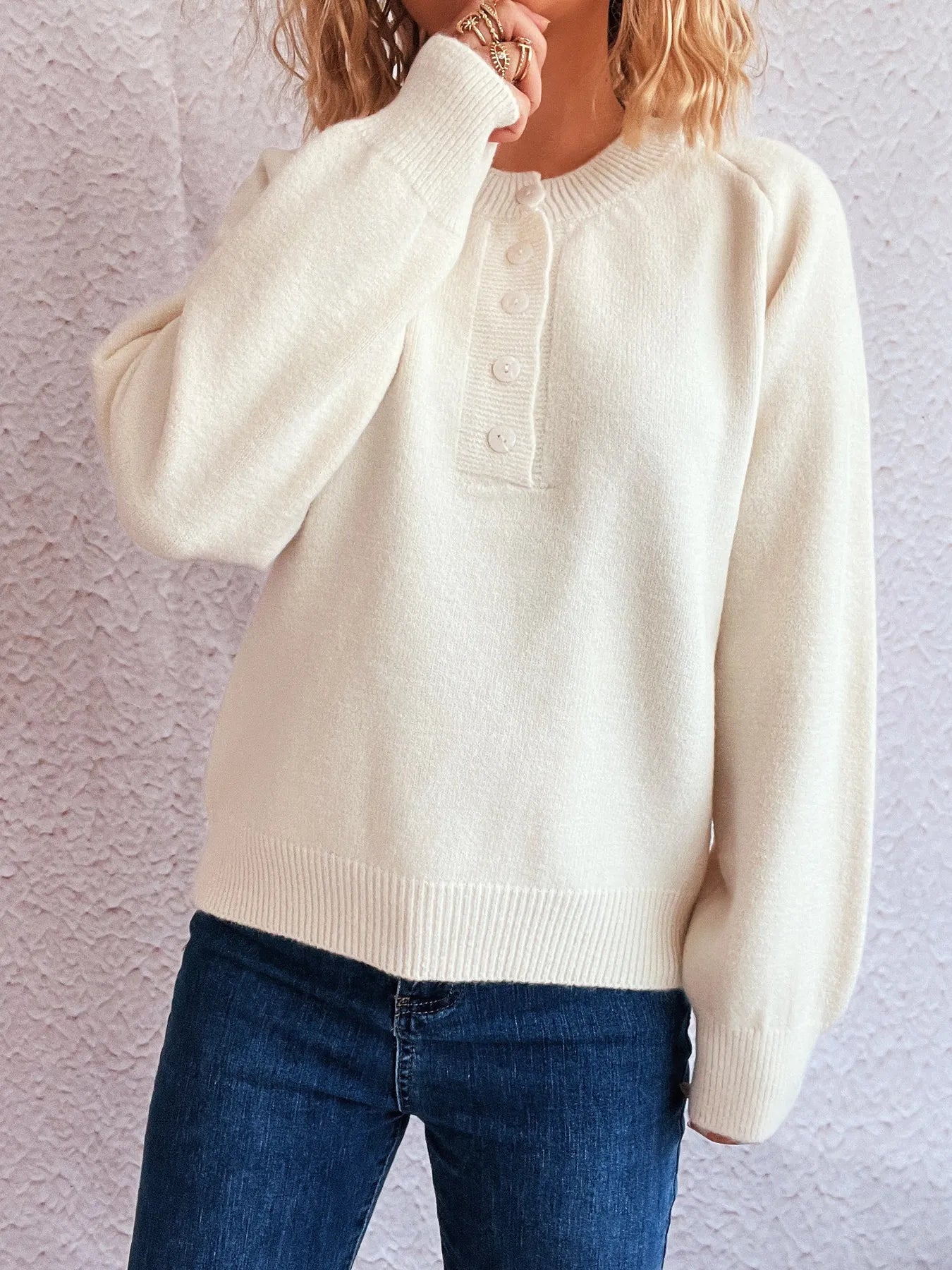 Button-Front Long Sleeve Sweater OutfitFlow