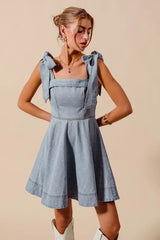 SO ME A Line Fit and Flare Diamond Bow Ribbon Denim Dres OutfitFlow