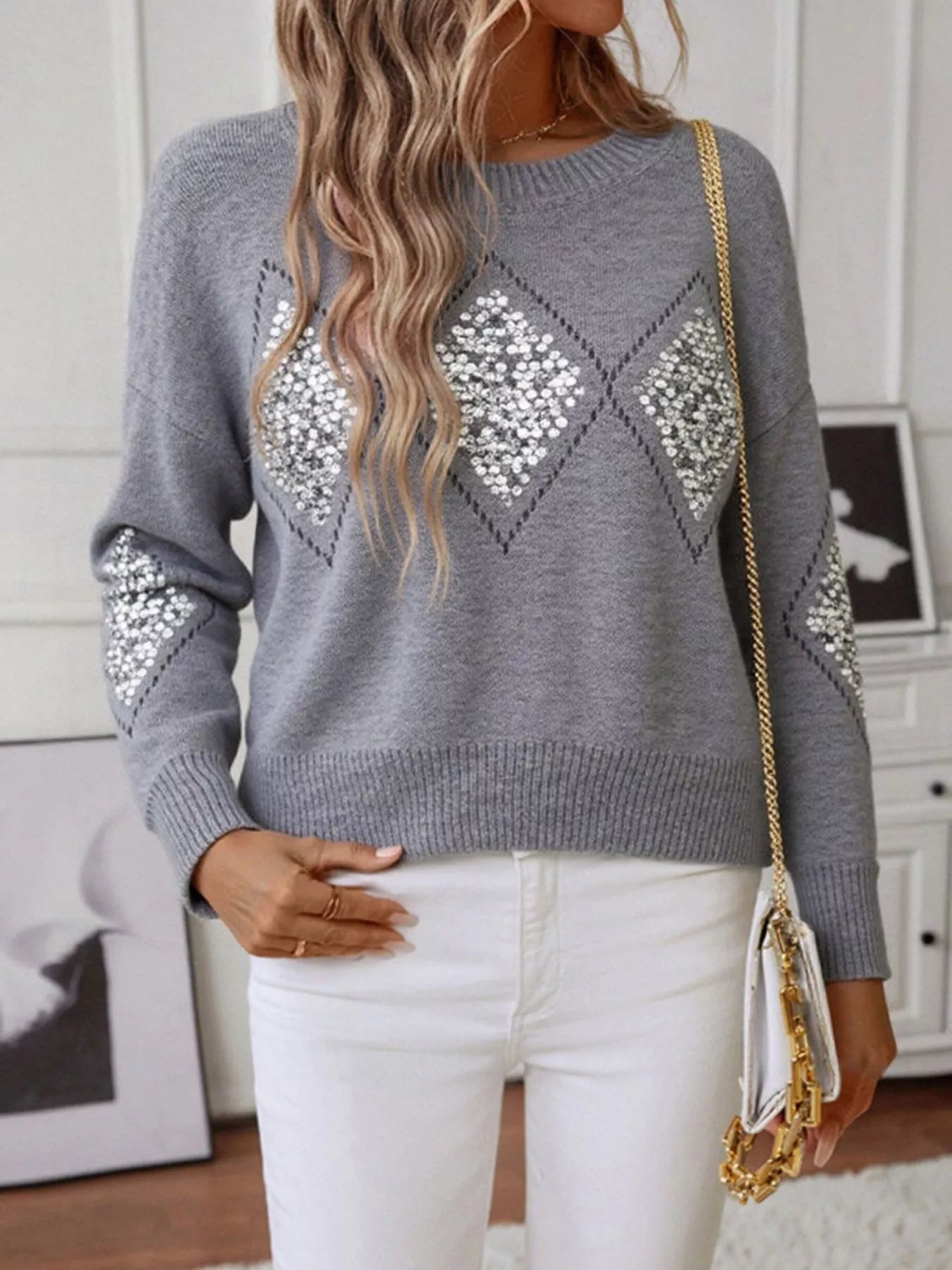 Sparkling Diamond Pattern Sweater OutfitFlow