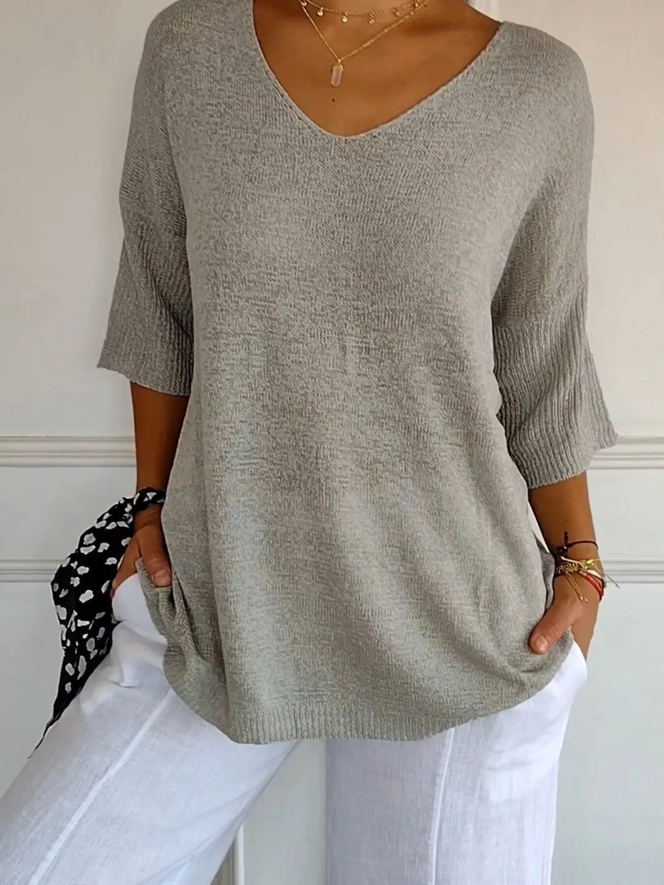 Full Size Relaxed Fit Ribbed Hem Sweater Plus Size Gray OutfitFlow