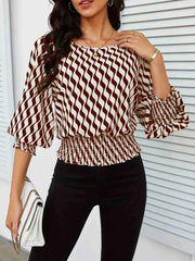 Geometric Print Lantern Sleeve Smocked Waist Blouse Taupe OutfitFlow