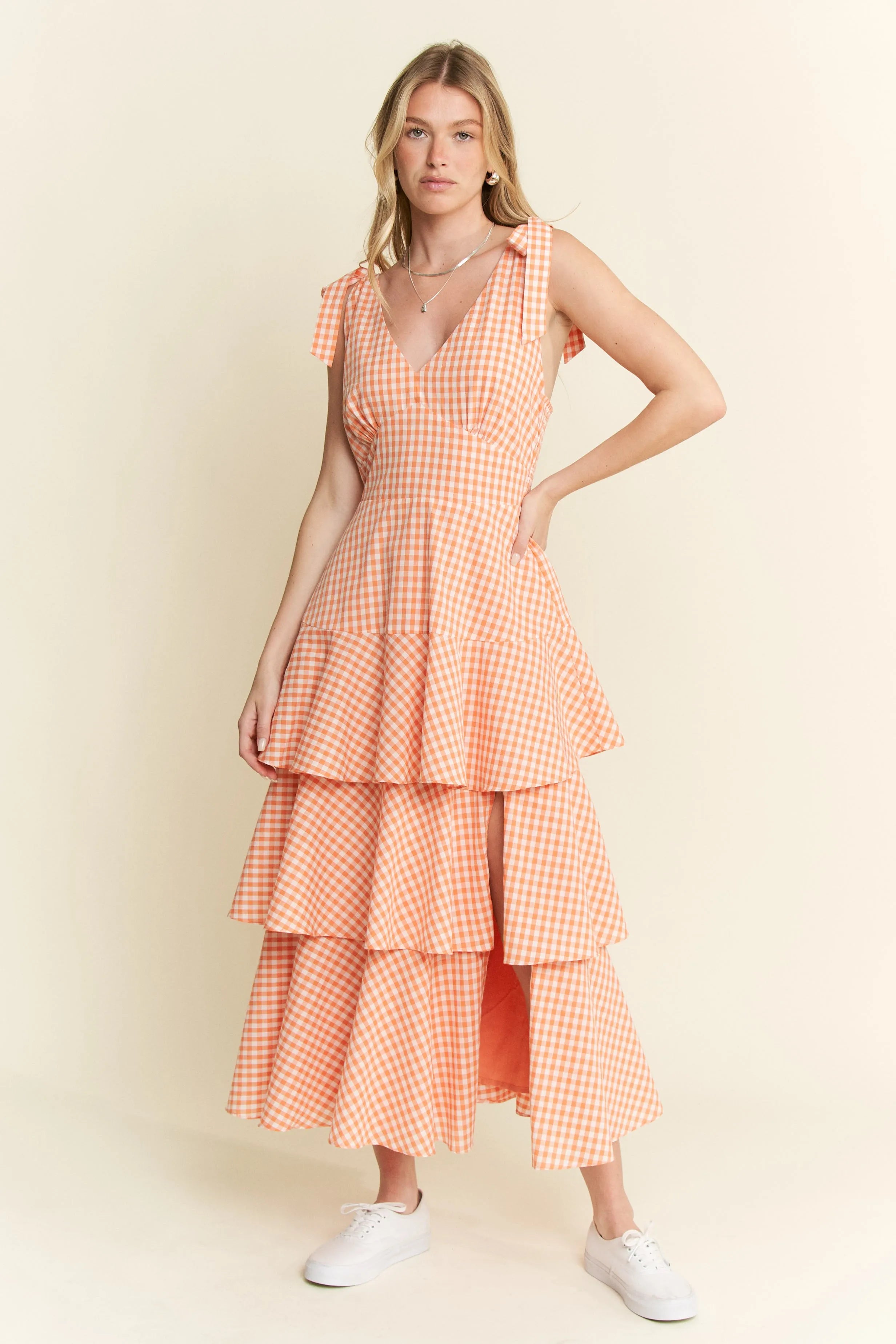Jade By Jane Sleeveless Gingham Print Tiered Midi Dress OutfitFlow