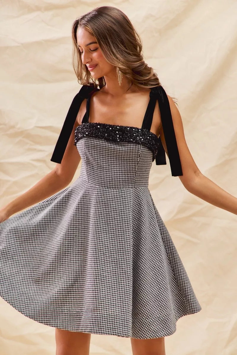 SO ME Houndstooth Fit Flare Mini Dress with Shoulder Tie OutfitFlow