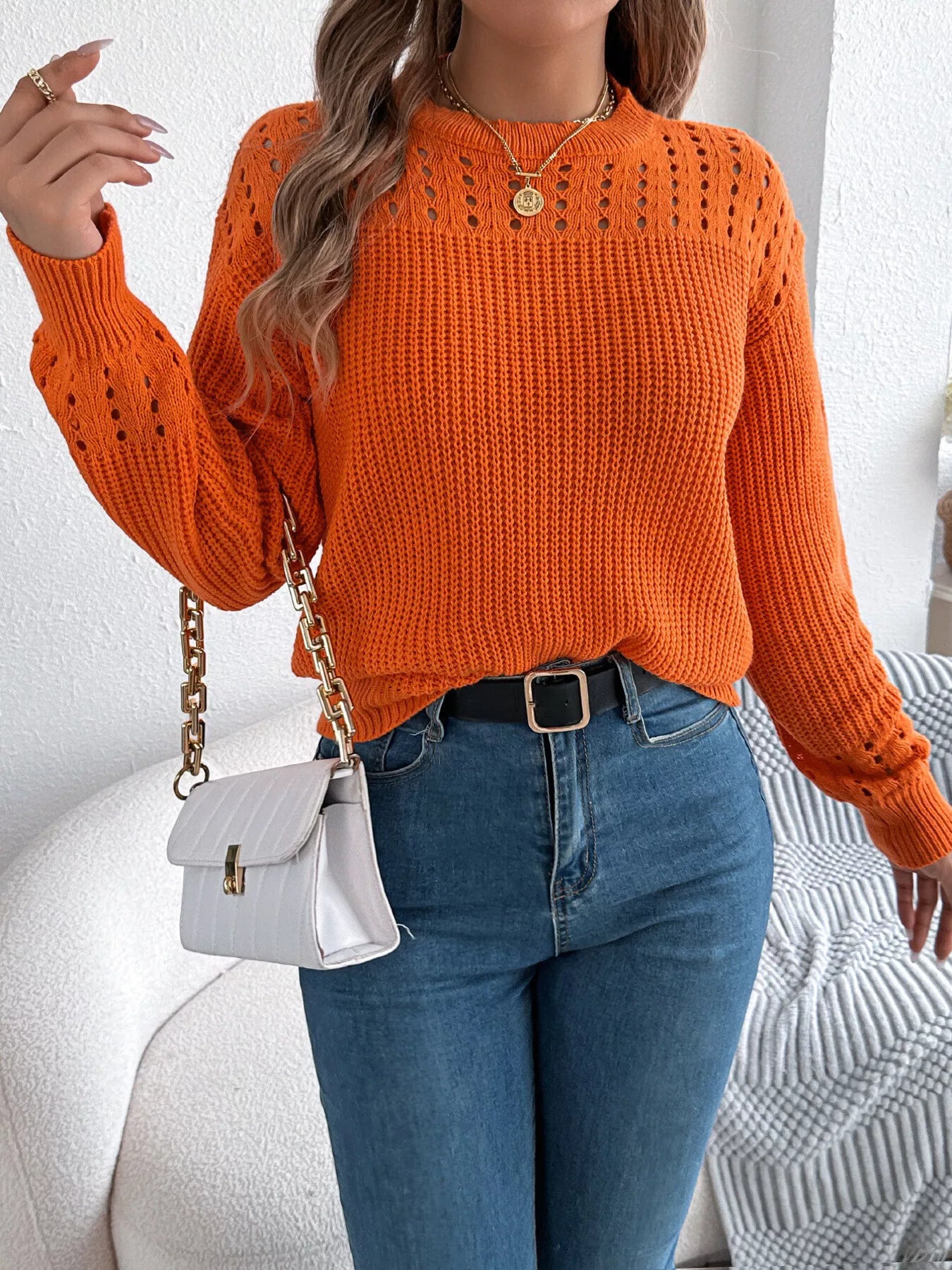 Openwork Round Neck Long Sleeve Sweater OutfitFlow