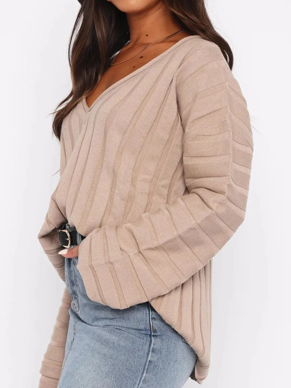 V-Neck Dropped Shoulder Sweater OutfitFlow