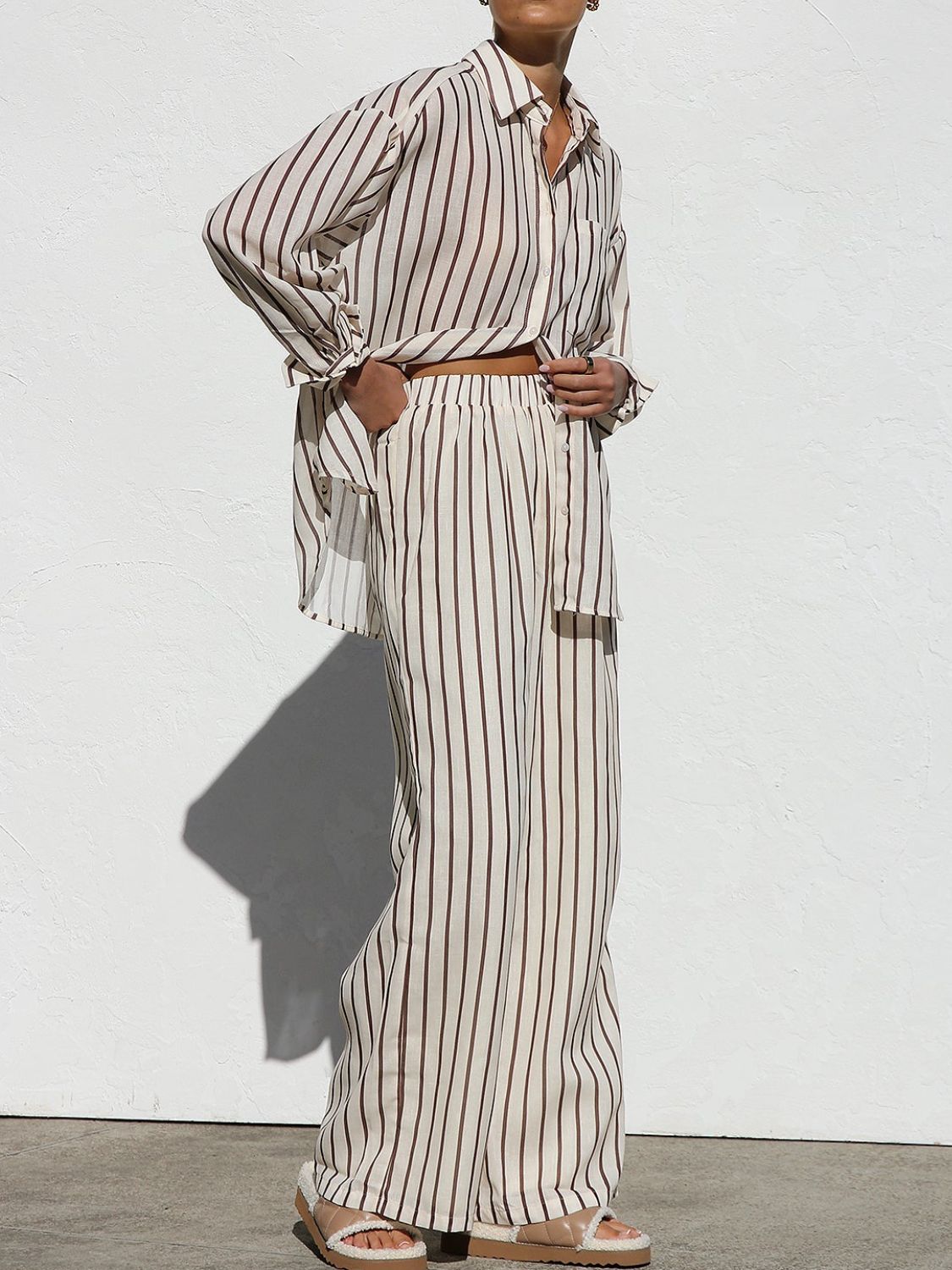 Outfit Flow - Striped Collared Neck Long Sleeve Top and Pants Set