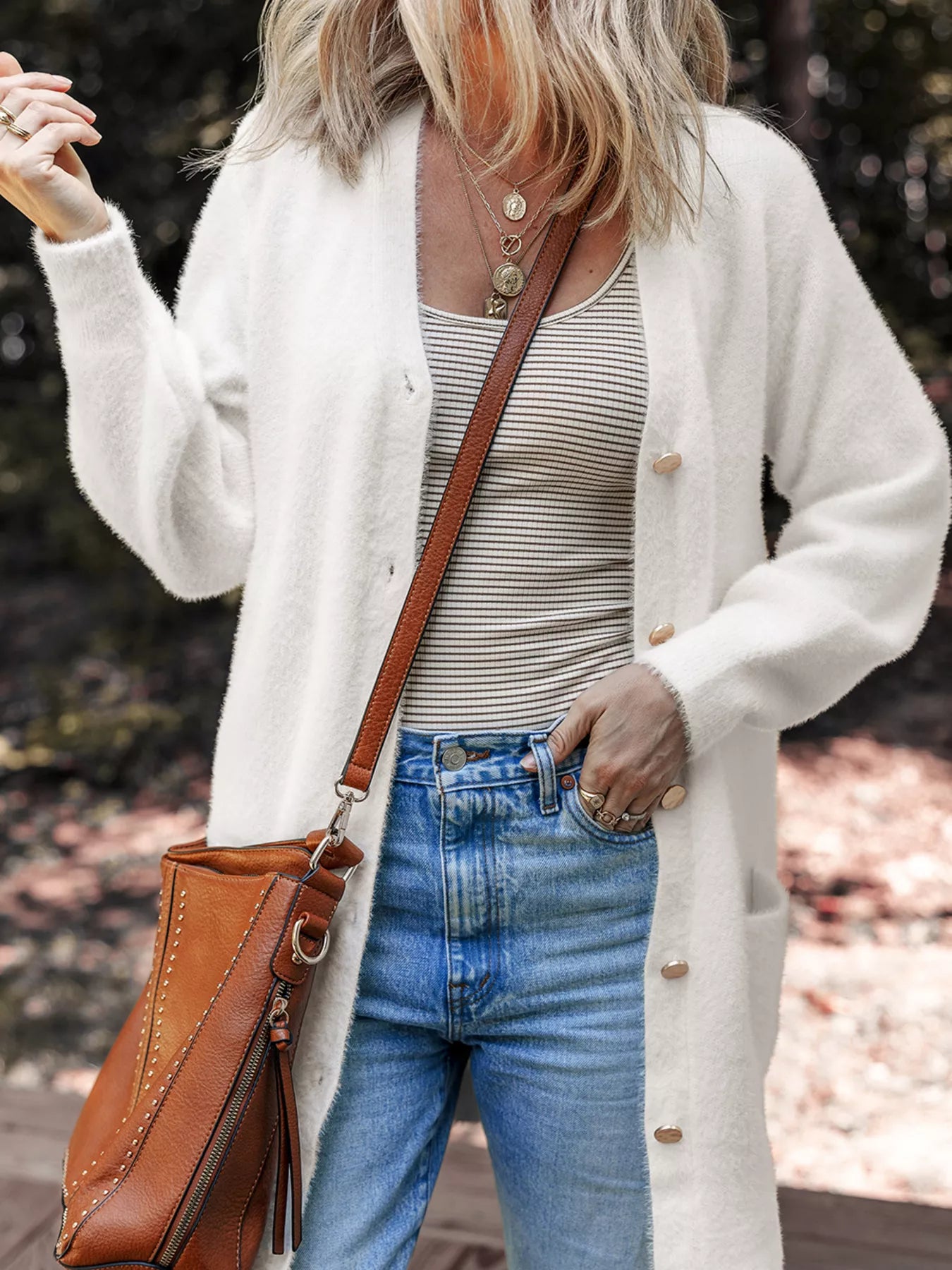 Fuzzy Buttoned Front Cardigan with Pockets OutfitFlow