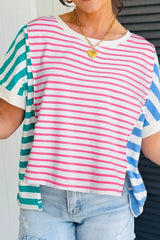 Color Block Striped Batwing Sleeve T-Shirt OutfitFlow