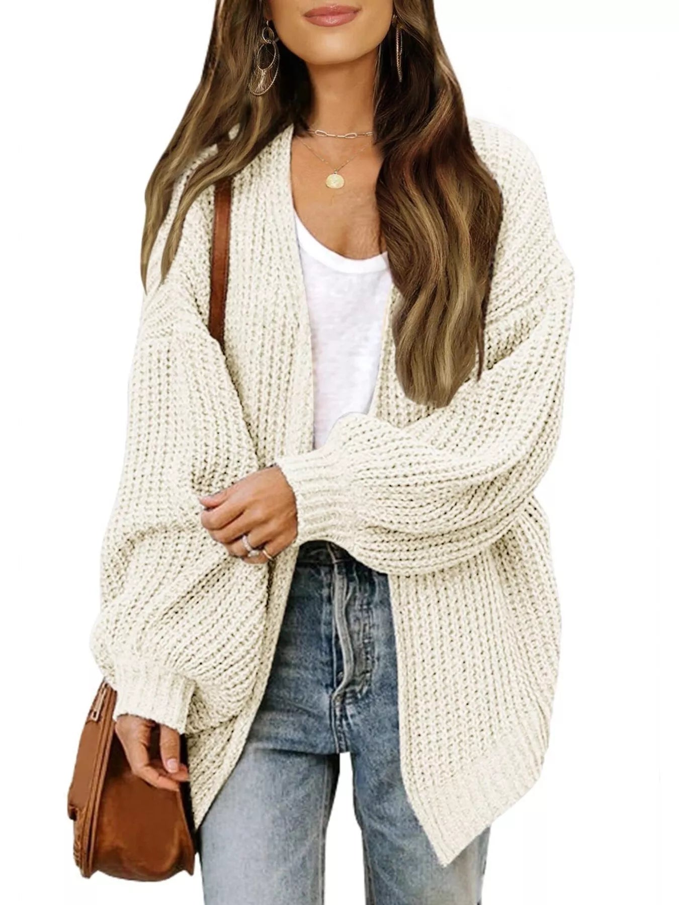 Oversized Chunky Knit Open Front Cardigan Beige OutfitFlow