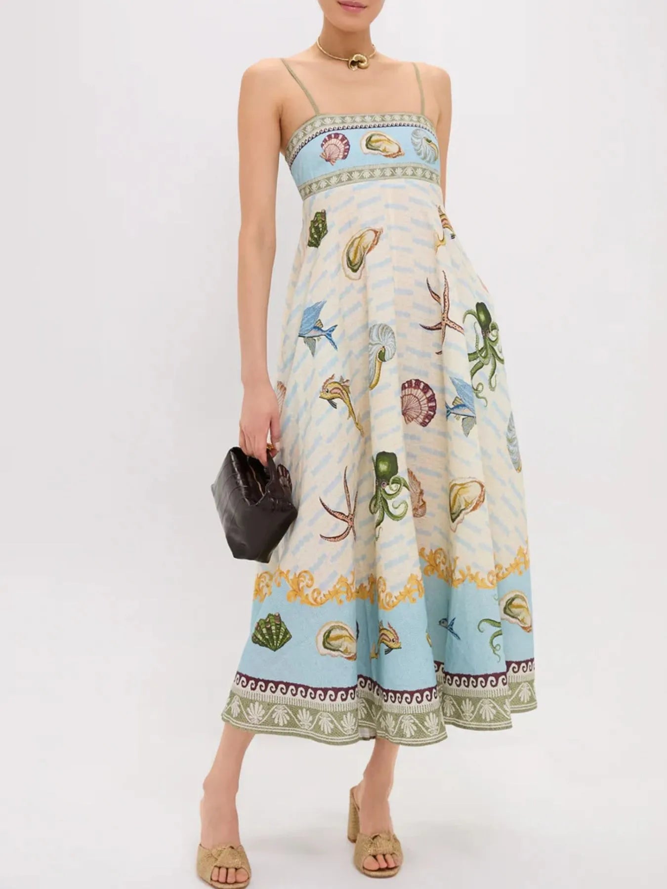 Ocean Print Spaghetti Strap Midi Dress OutfitFlow