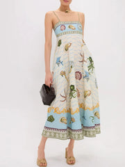 Ocean Print Spaghetti Strap Midi Dress OutfitFlow