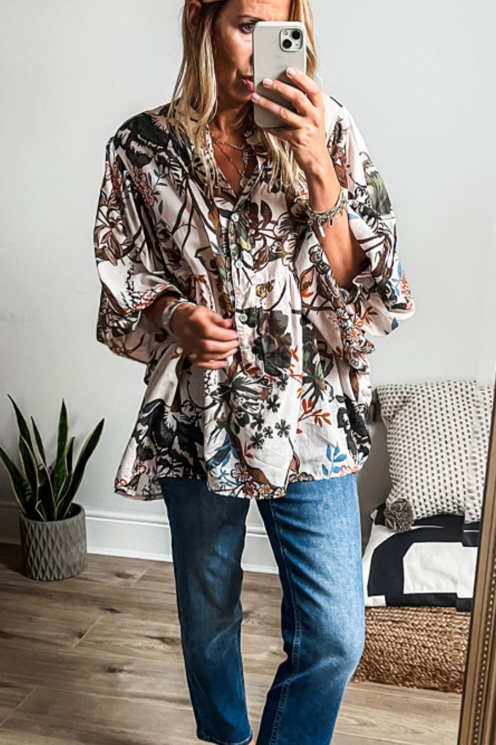 Outfit Flow - Printed Notched Flounce Sleeve Blouse