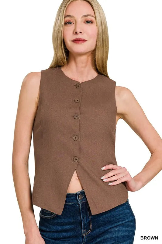 Zenana Linen Button Down Vest OutfitFlow