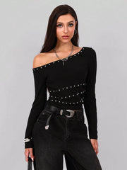 Studded One Shoulder Long Sleeve T-Shirt OutfitFlow