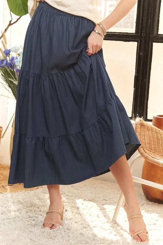 ADORA Waist Band Tiered Denim Maxi Skirt OutfitFlow