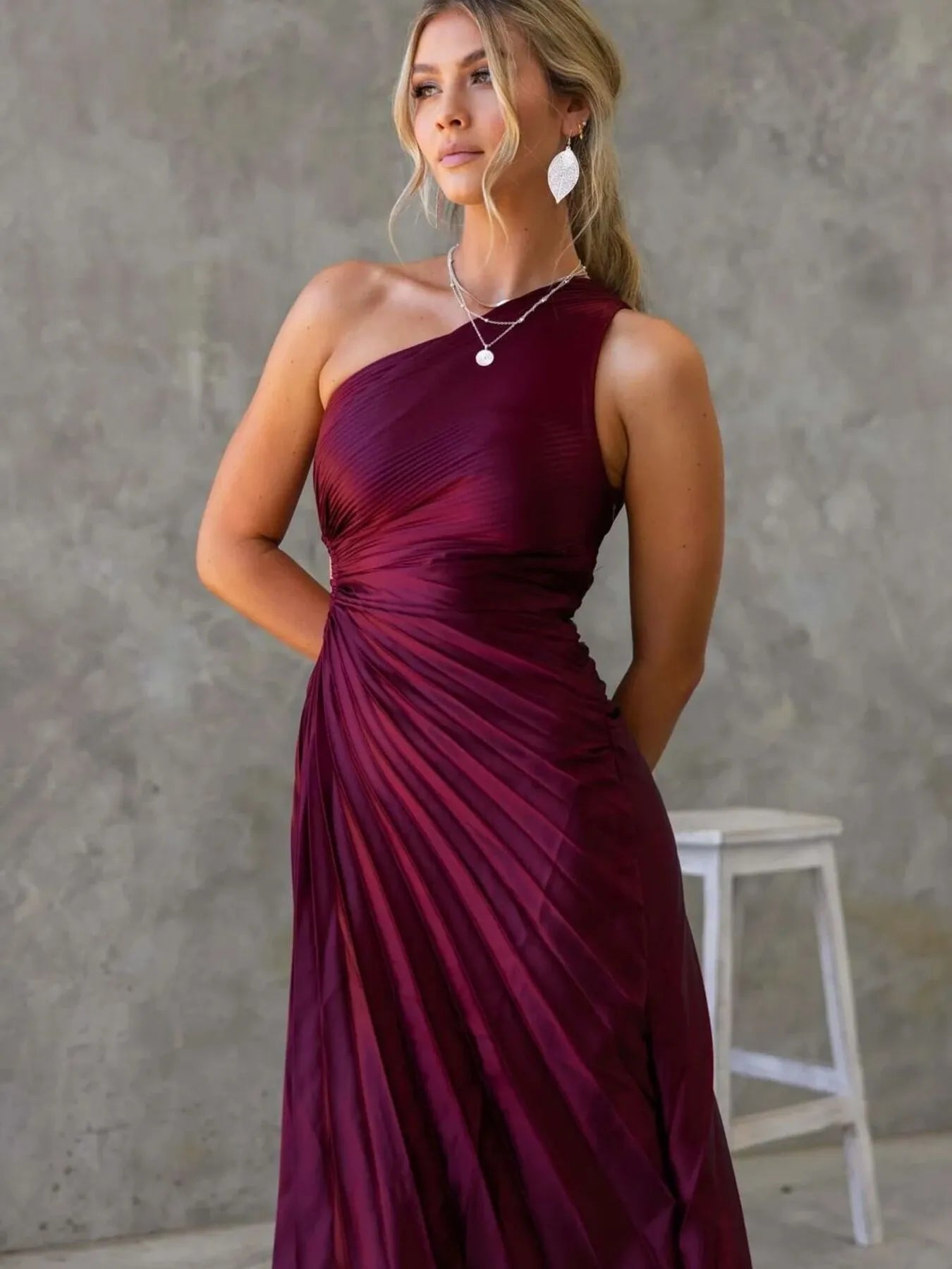 Full Size Single Shoulder Pleated Midi Dress Plus Size OutfitFlow