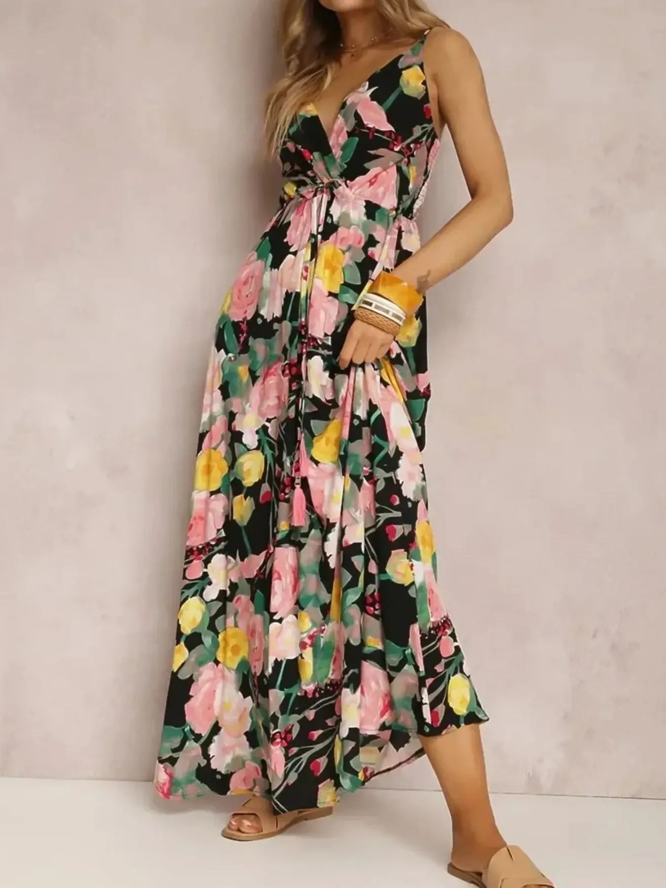 Floral Print Surplice Spaghetti Strap Maxi Dress OutfitFlow