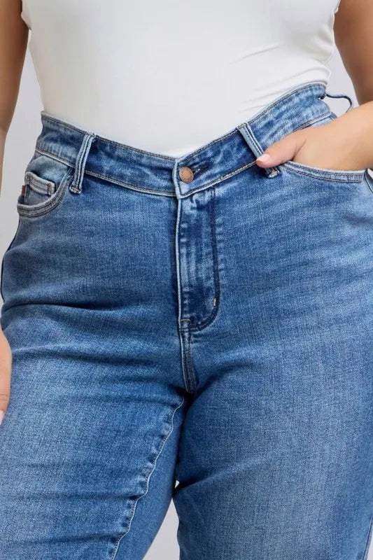 Judy Blue Full Size High Waist V-Front Vintage Wash Straight Jeans Plus Size OutfitFlow