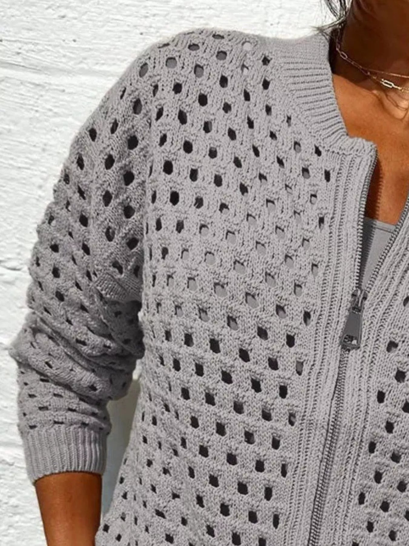 Full Size Zip Up Long Sleeve Cardigan with Eyelet Detail Plus Size OutfitFlow