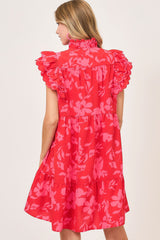 Umgee Full Size Two Tone Floral Print Ruffle Cap Sleeve Mini Dress Plus Size OutfitFlow