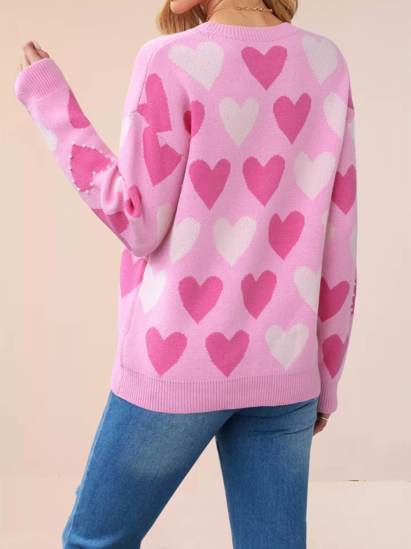 Heart Pattern Beaded Round Neck Sweater OutfitFlow