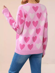 Heart Pattern Beaded Round Neck Sweater OutfitFlow