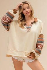 BiBi French Terry Knit and Aztec Print Mixed Top OutfitFlow