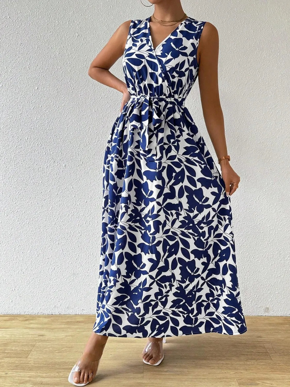 Printed Surplice Sleeveless Maxi Dress OutfitFlow