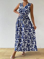 Printed Surplice Sleeveless Maxi Dress OutfitFlow