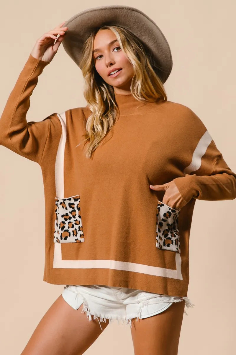 BiBi Mock Neck Sweater with Leopard Pocket OutfitFlow