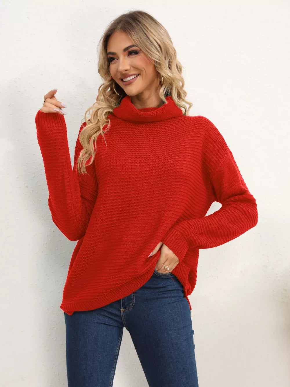Slit Turtleneck Dropped Shoulder Sweater Deep Red Trendsi