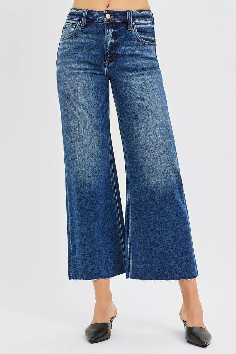 RISEN Full Size Mid Rise Crop Wide Raw Cut Hem Jeans Plus Size DARK Trendsi