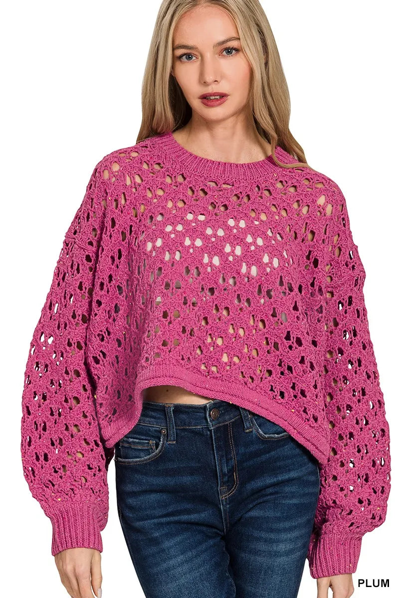 Zenana Oversized Cropped Crochet Knit Sweater PLUM OutfitFlow