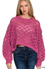 Zenana Oversized Cropped Crochet Knit Sweater PLUM OutfitFlow