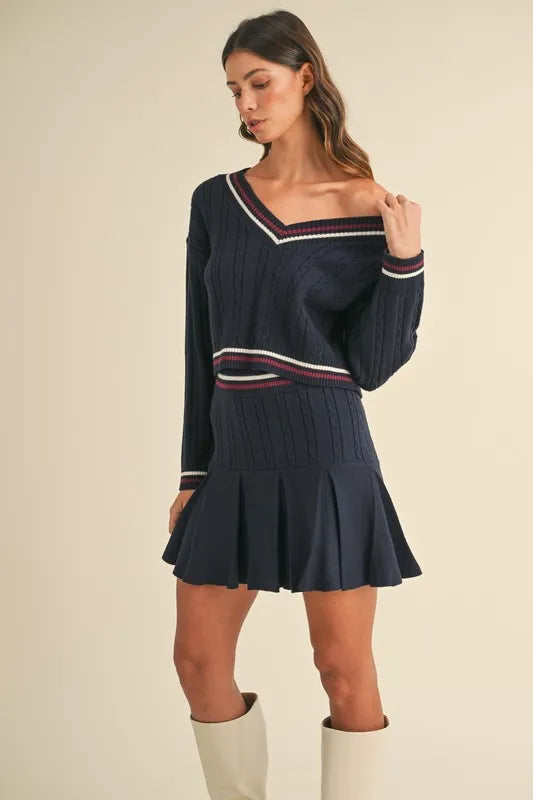 MABLE Cable-Knit Top and Pleated Skirt Sweater Set OutfitFlow
