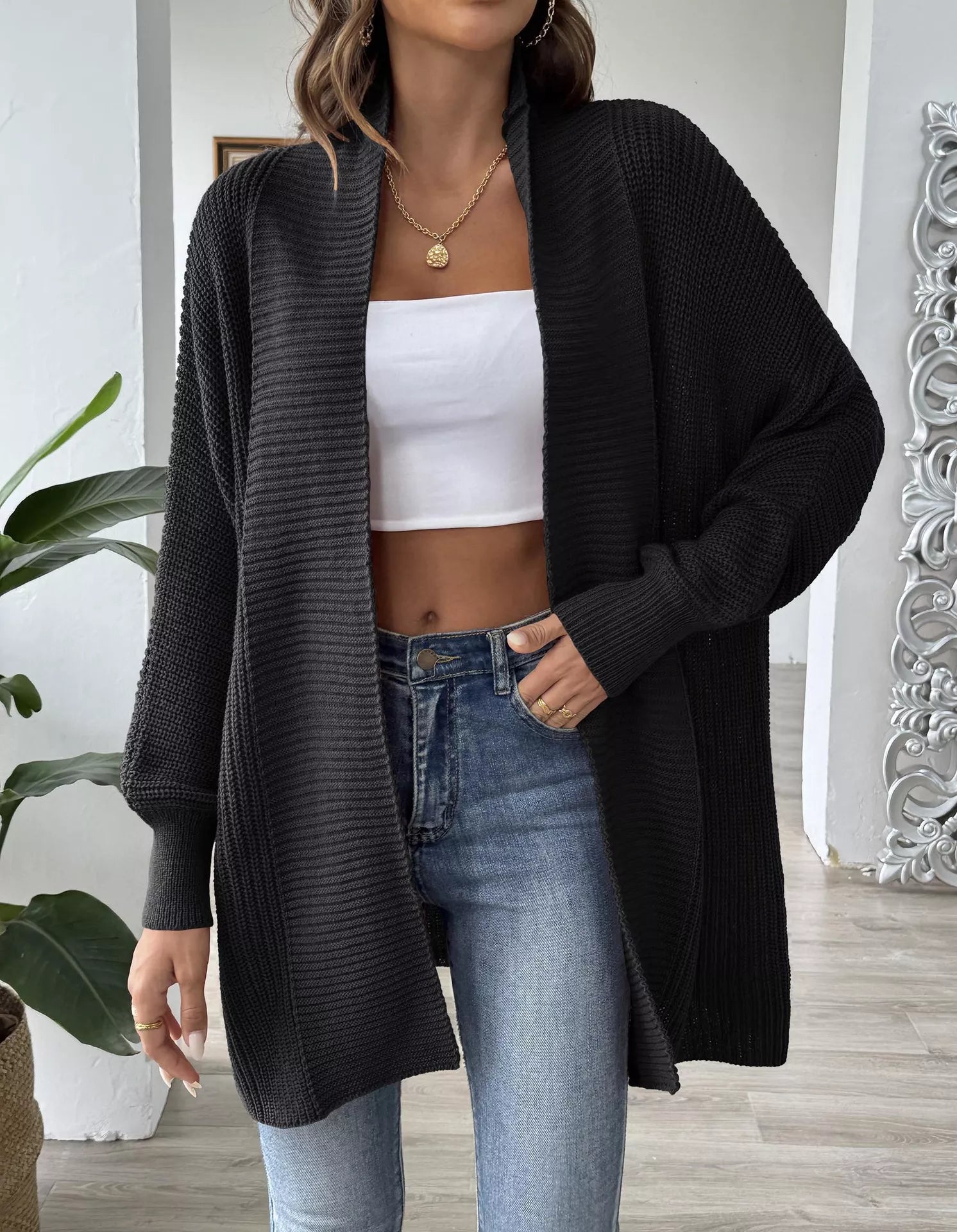 Open Front Ribbed Knit Cardigan Black One Size OutfitFlow