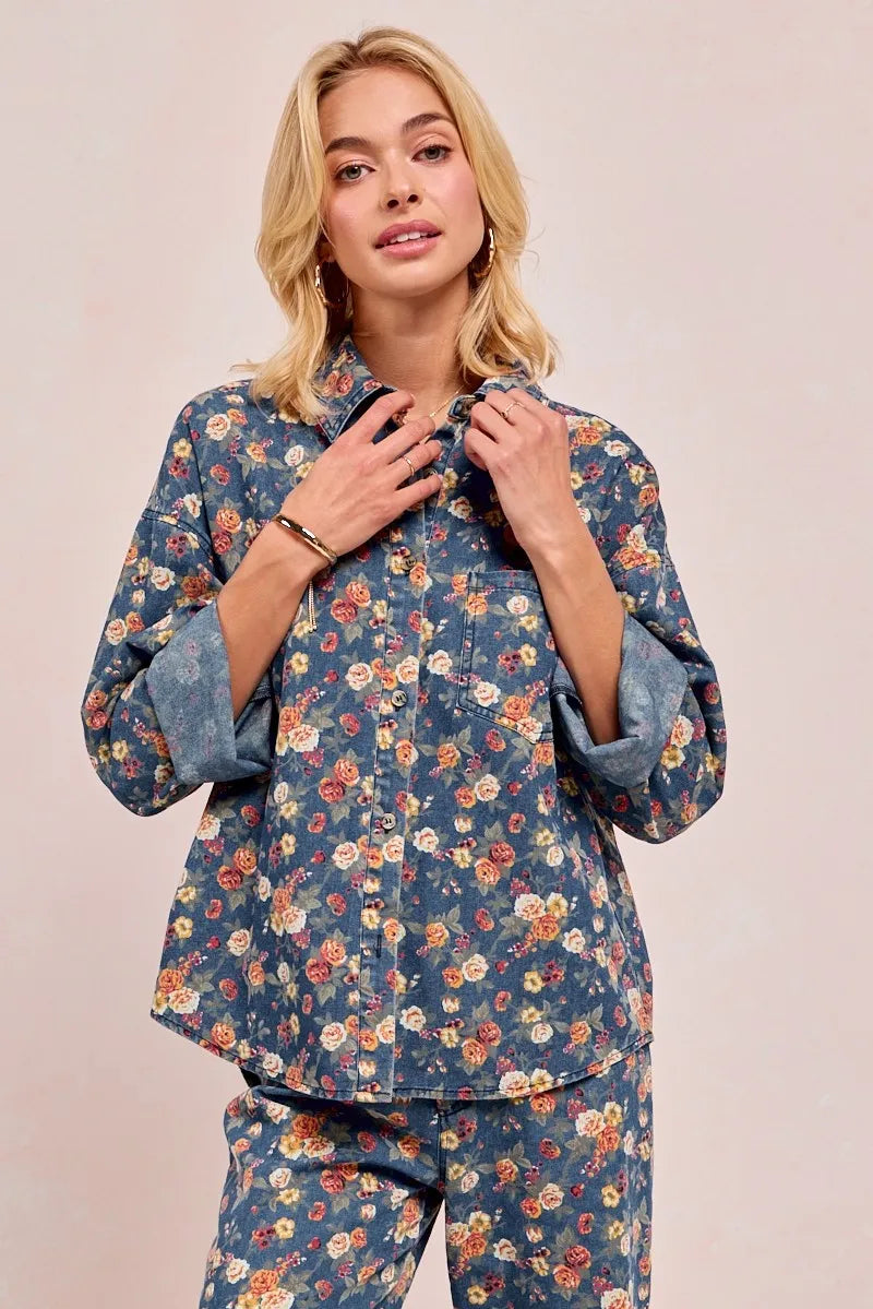 BiBi Washed Floral Print Denim Jacket OutfitFlow