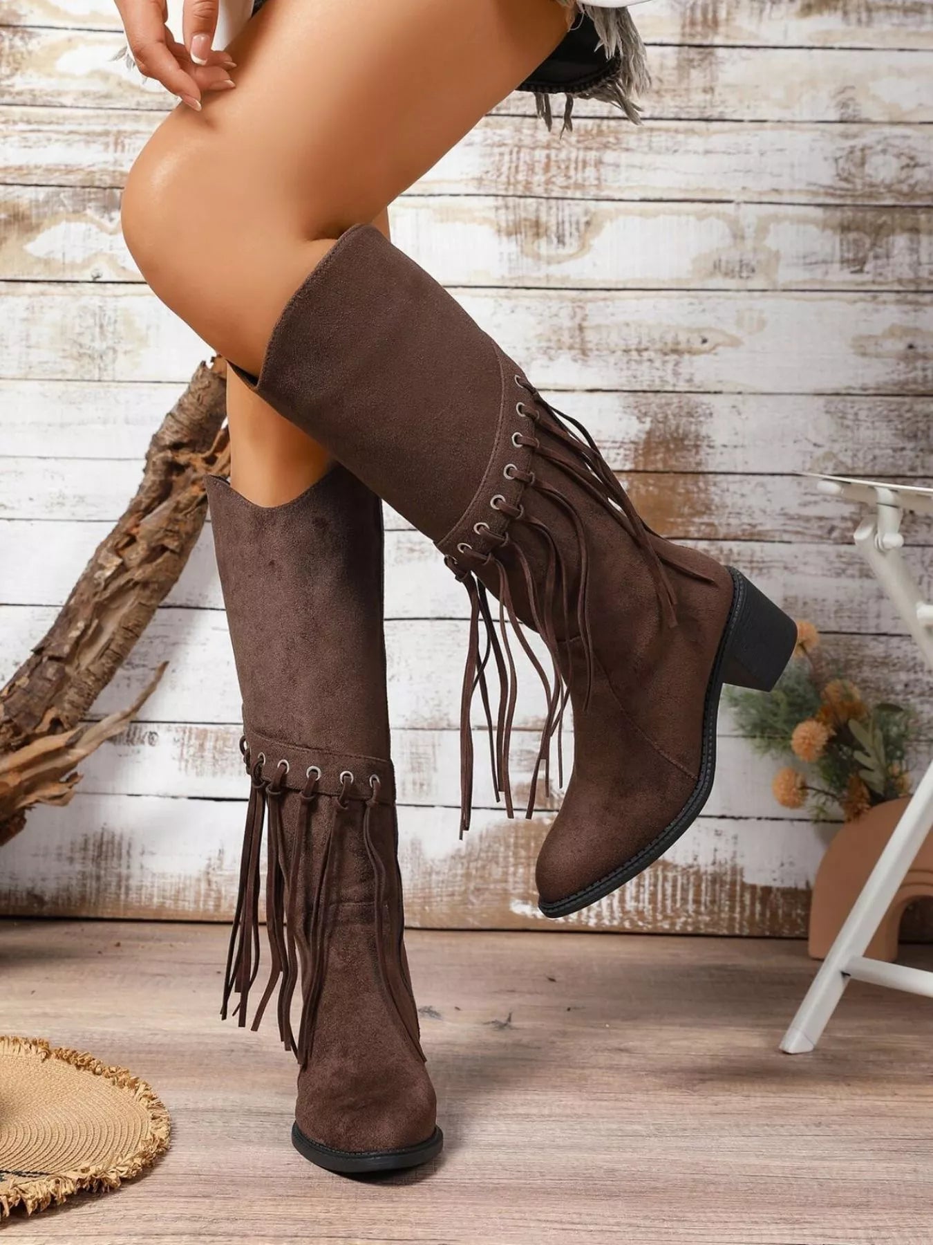 Fringe Point Toe Block Heels Boots Brown OutfitFlow