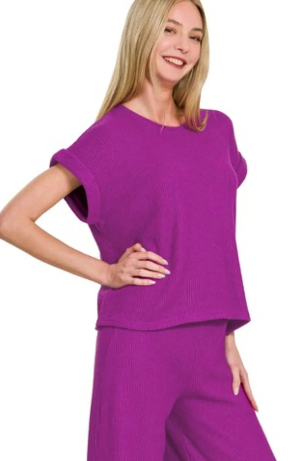 Zenana Rolled Sleeve Top and Pants Sweater Set OutfitFlow