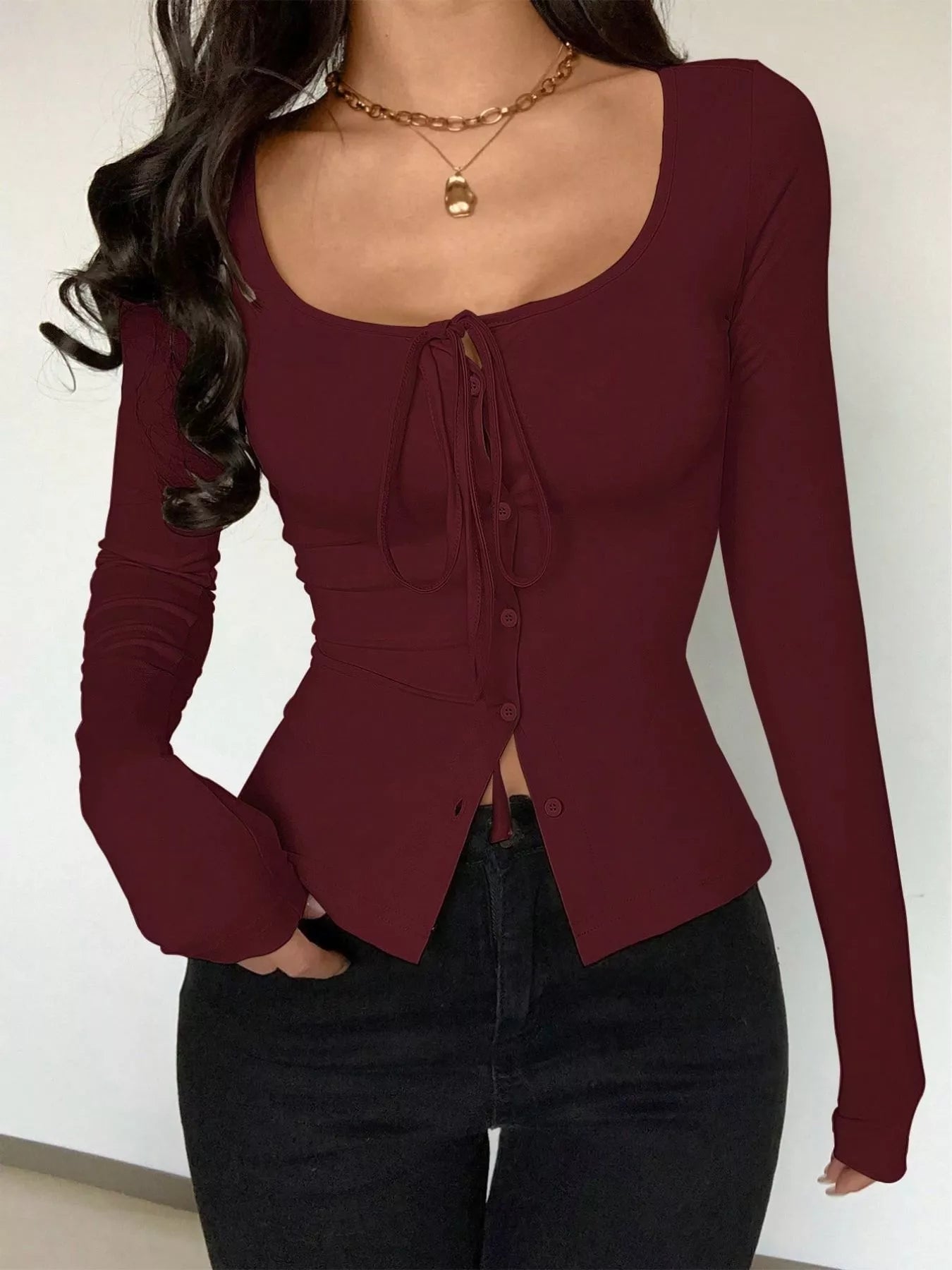 Long Sleeve Scoop Neck Tie Front T-Shirt OutfitFlow
