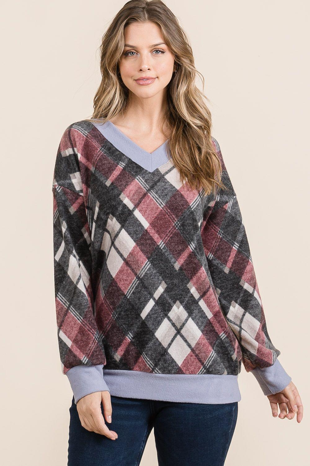 Outfit Flow - Celeste Plaid V-Neck Long Sleeve T-Shirt