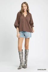Umgee Full Size Textured Notched Balloon Sleeve Blouse Plus Size Trendsi