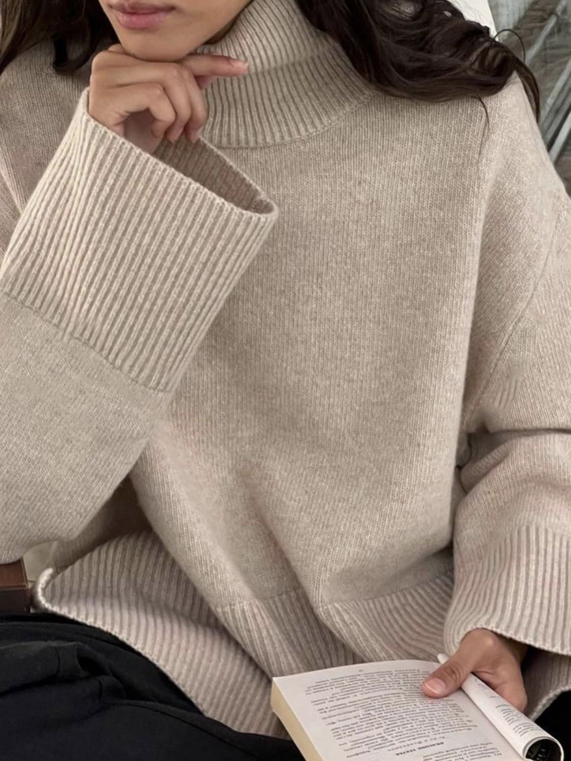 Side Slit Turtleneck Drop Shoulder Sweater