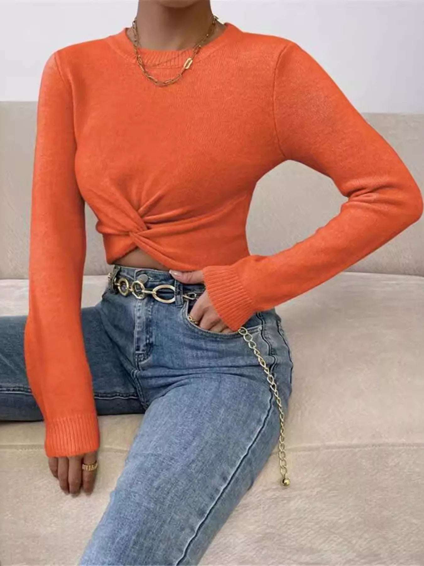Twisted Front Cropped Knit Top OutfitFlow