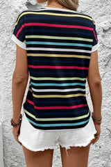 Colorful Striped Short Sleeve Casual T-Shirt OutfitFlow